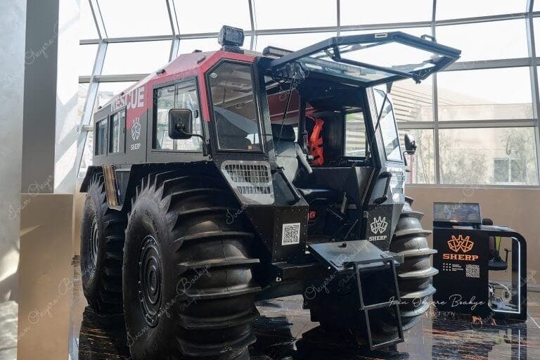 SHERP all-terrain rescue vehicle exhibition inside the Ukraine Pavilion in the Opportunity District section of the Dubai Expo 2020, Dubai, UAE