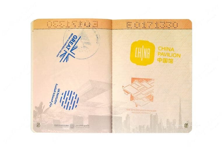 The Great Britain & Northern Ireland, UK, China and Opportunity Pavilion passport stamps in an Expo 2020 visitor passport, Dubai, UAE