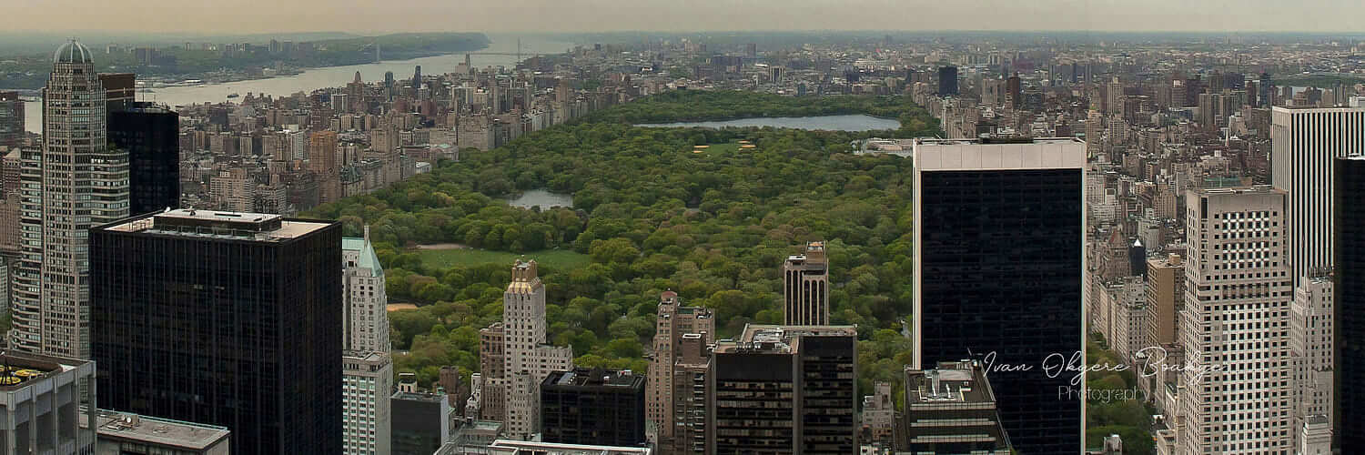 Panoramic daytime view of Manhattan skyline and Central Park from the Top of The Rock observation deck, New York, USA