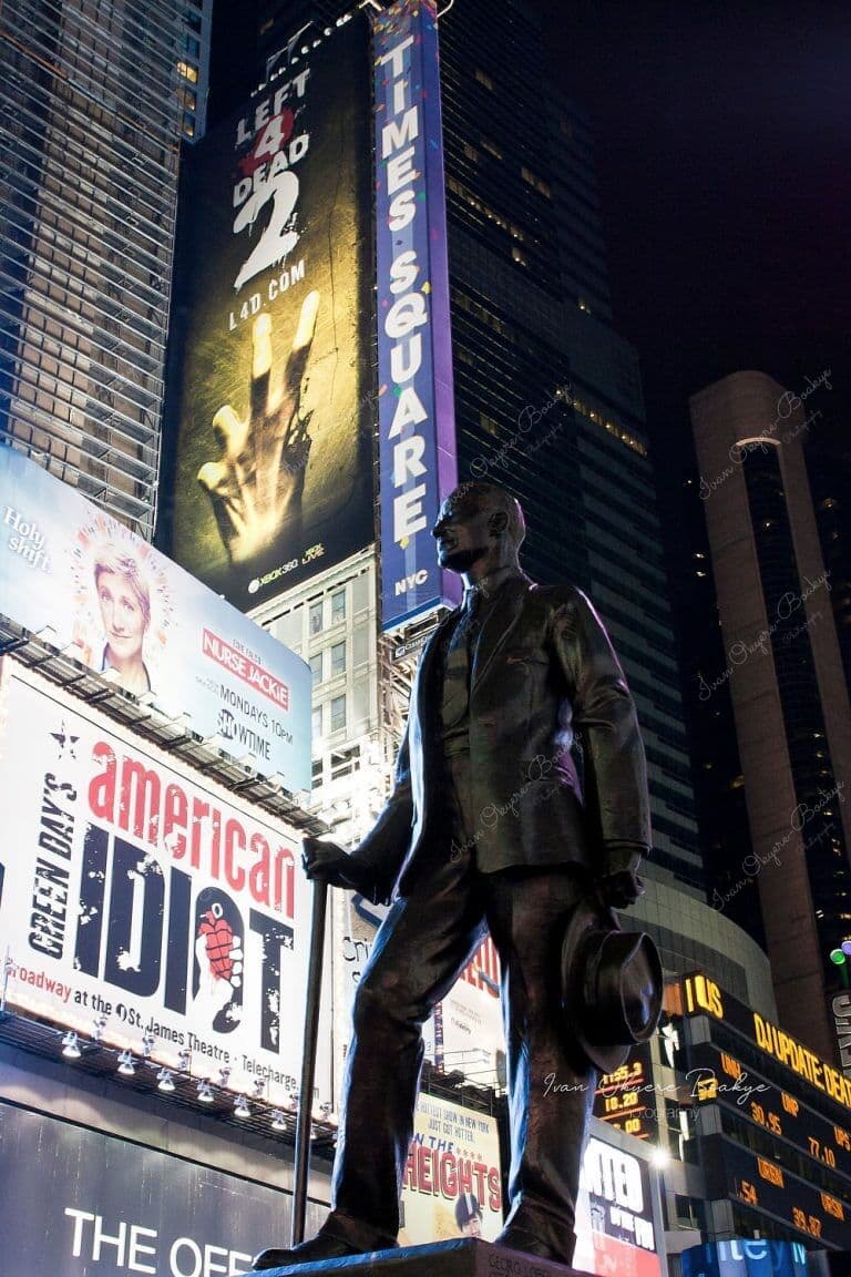 George M Cohan's Give My Regards to Broadway statue with Times Square sign in background, New York, USA