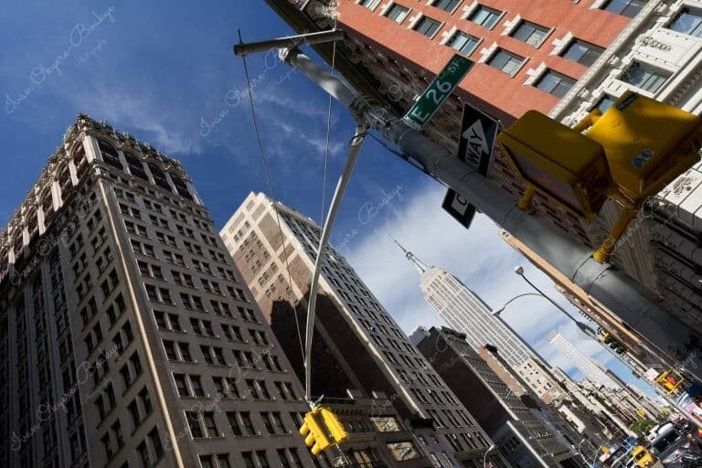 View of the stunning Empire State Building from E 26th St, New York, USA