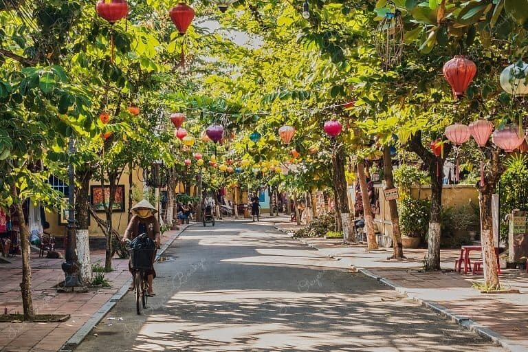 The lovely tree-lined Nguyen Thi Minh Khai (Nguyễn Thị Minh Khai ) Street with different coloured Chinese lanterns hanging from the trees, Hoi An, Vietnam