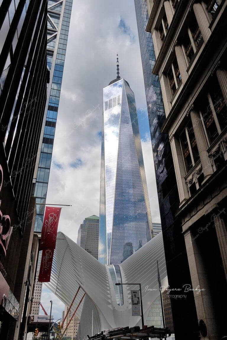 One World Trade Center with the Oculus in the foreground in New York, USA