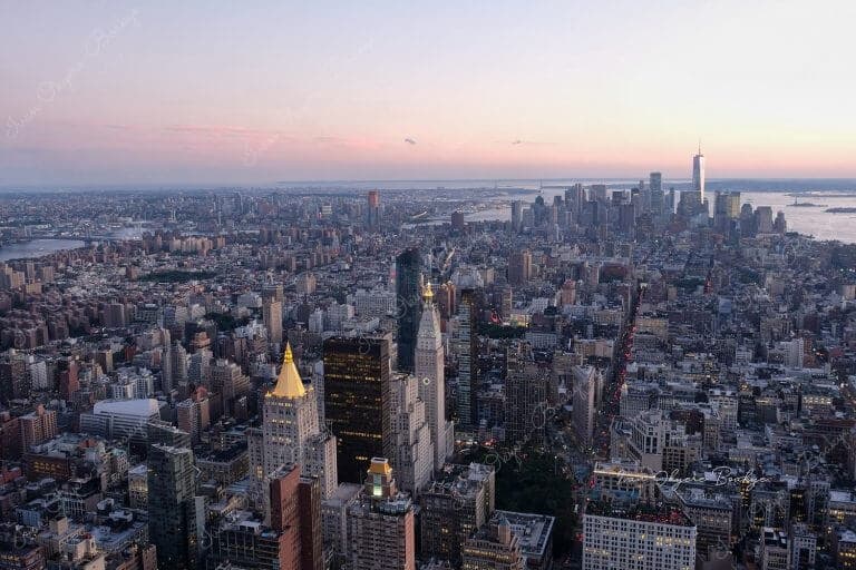 Panoramic view of the Manhattan skyline from Top of The Rock observation deck, New York, USA