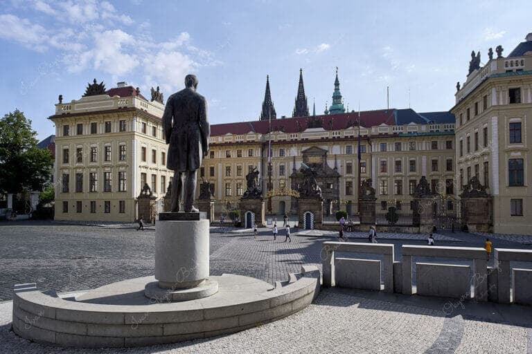 View of Tomáš Garrigue Masaryk monument and the Hradcany Square at the entrance to Prague Castle, Prague, Czech Republic