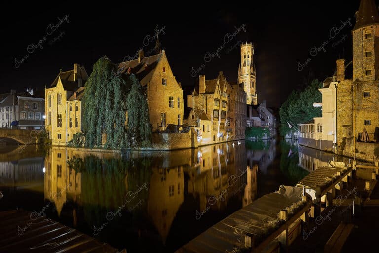 Nighttime view of the Belfry of Bruges from Rozenhoedkaai, Bruges, Belgium