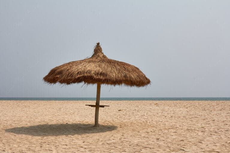 Thatched Umbrella and golden sands of Bojo Beach Resort, Ghana