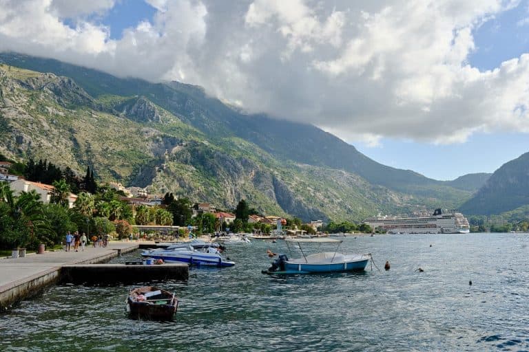 The scenic Kotor Bay Promenade with mountain backdrop, Kotor, Montenegro