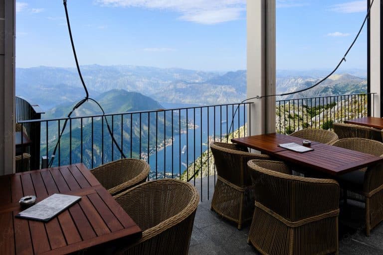 Panoramic views of Kotor Bay from restaurant near Viewpoint Kotor at Kotor cable cars upper station, Kotor, Montenegro