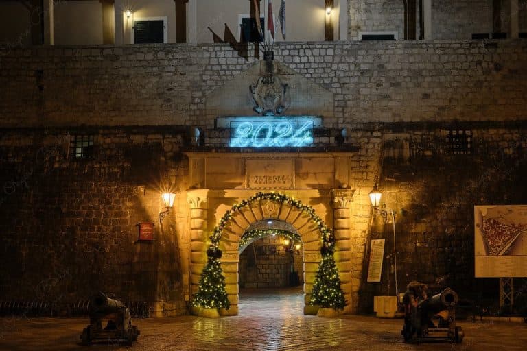 The Sea Gate or Morska Vrata with christmas decorations, Kotor, Montenegro