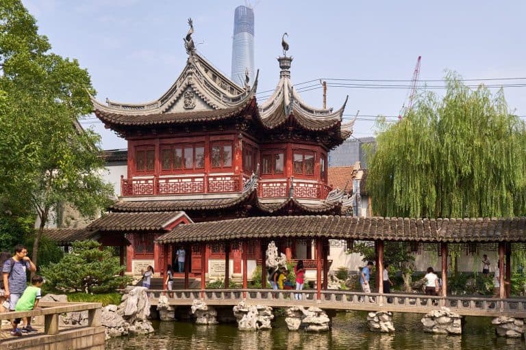 Pavilion and bridge walkway at stunning Yu Garden, Shanghai, China
