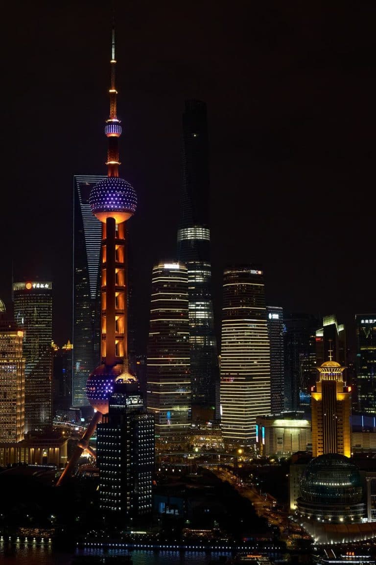 The stunning illuminated Oriental Pearl TV Tower, Shanghai, China
