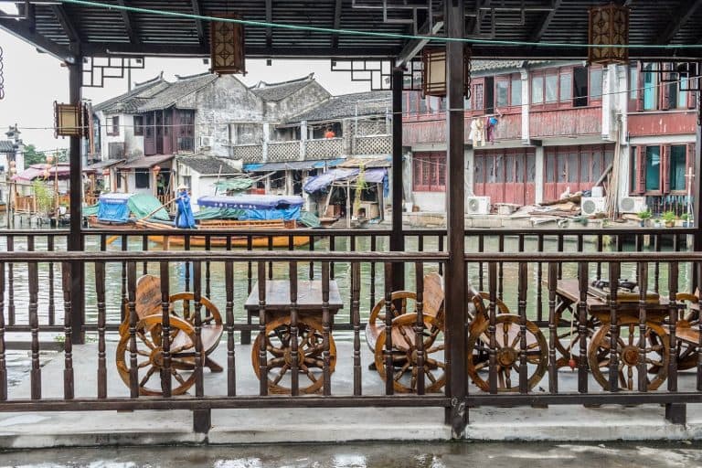Restaurant and gondola view at Zhouzhuang Water Town, Shanghai, China