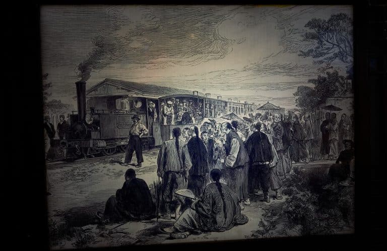 Old painting of people waiting for train, Shanghai History Museum, China