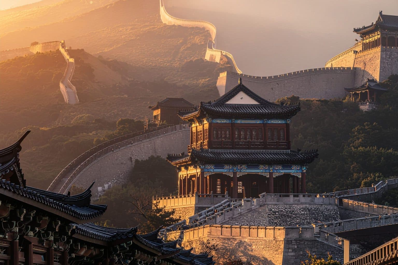 China AI landscape with Chinese temple and Great Wall of China
