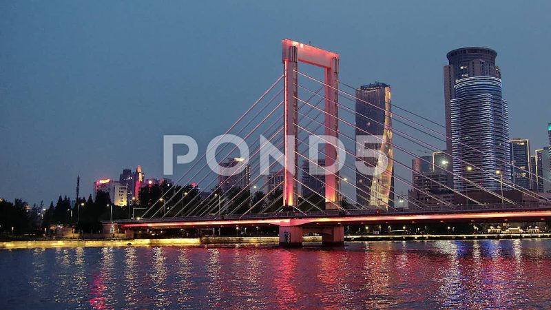 Old Bund Illuminated Bridge And Skyscraper At Night, Ningbo, China Old Bund Illuminated Bridge And Skyscraper At Night, Ningbo, China