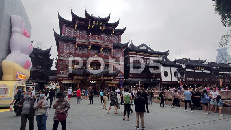 Yuyuan Garden Nine-Turn Bridge, Buildings And Crowds, Shanghai, China