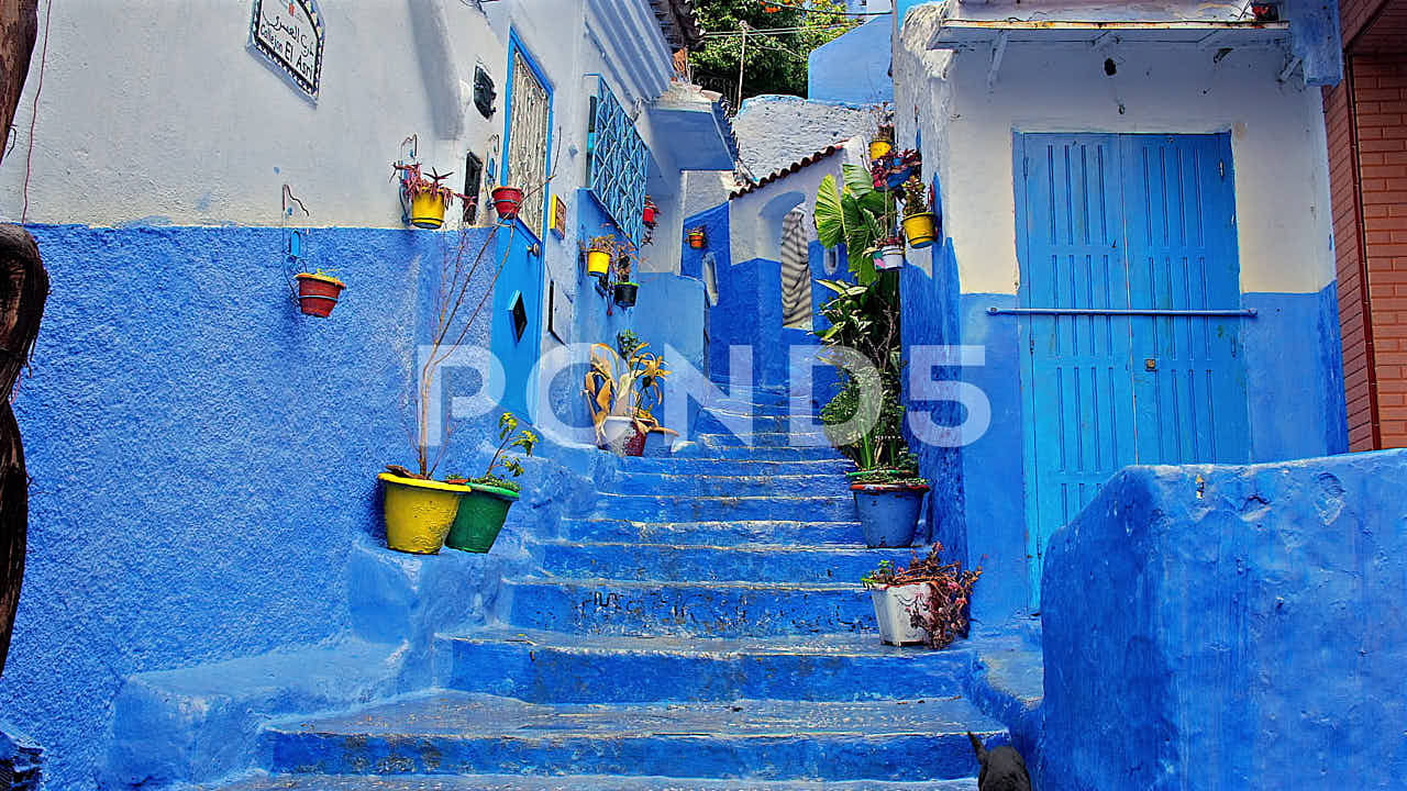 Pan View Of Empty Blue Steps In Side Street, Chefchaouen, Morocco