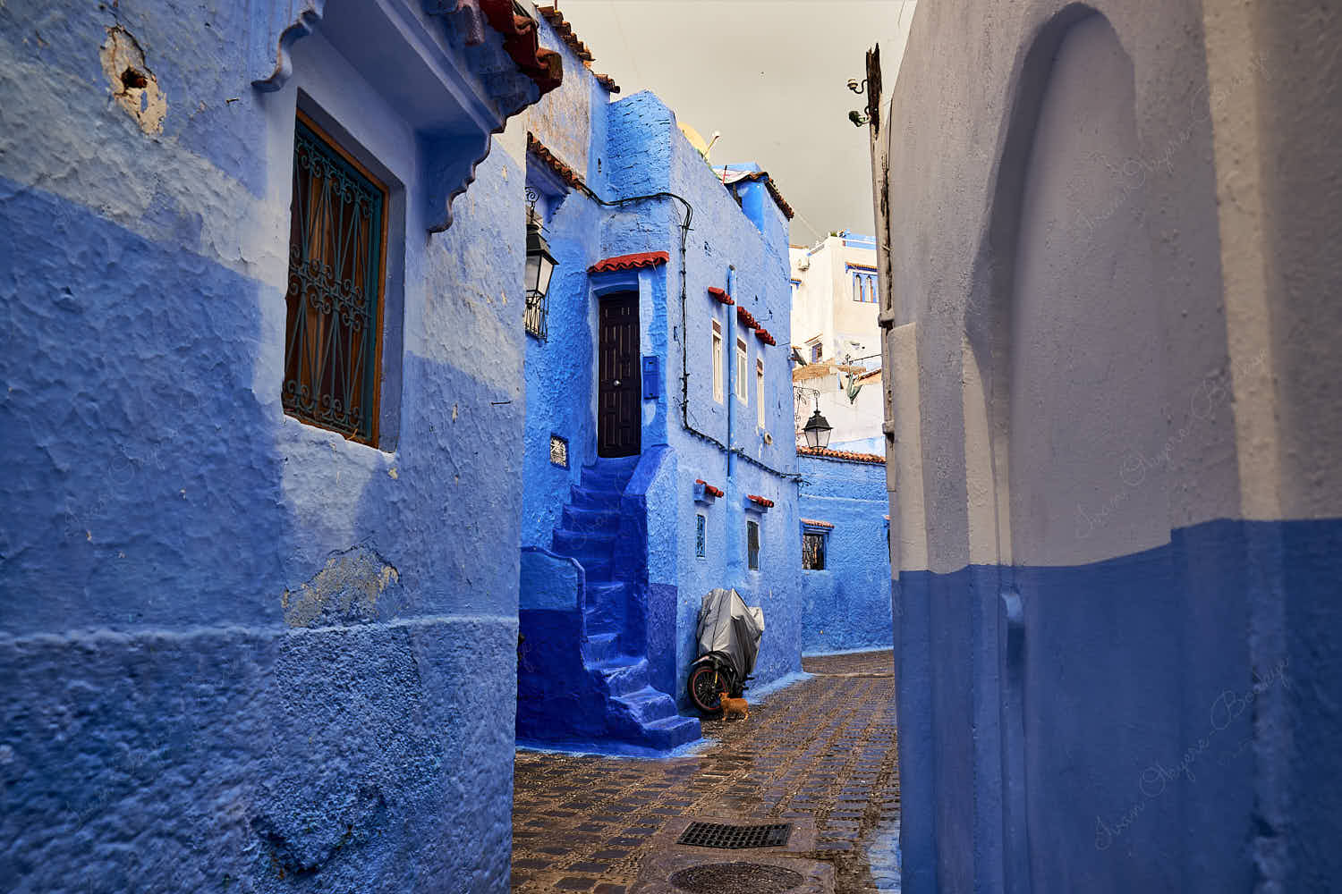 Narrow blue steps leading to narrow house door in an empty Rue Jamaa street in the blue walled old town medina, Chefchaouen, Morocco