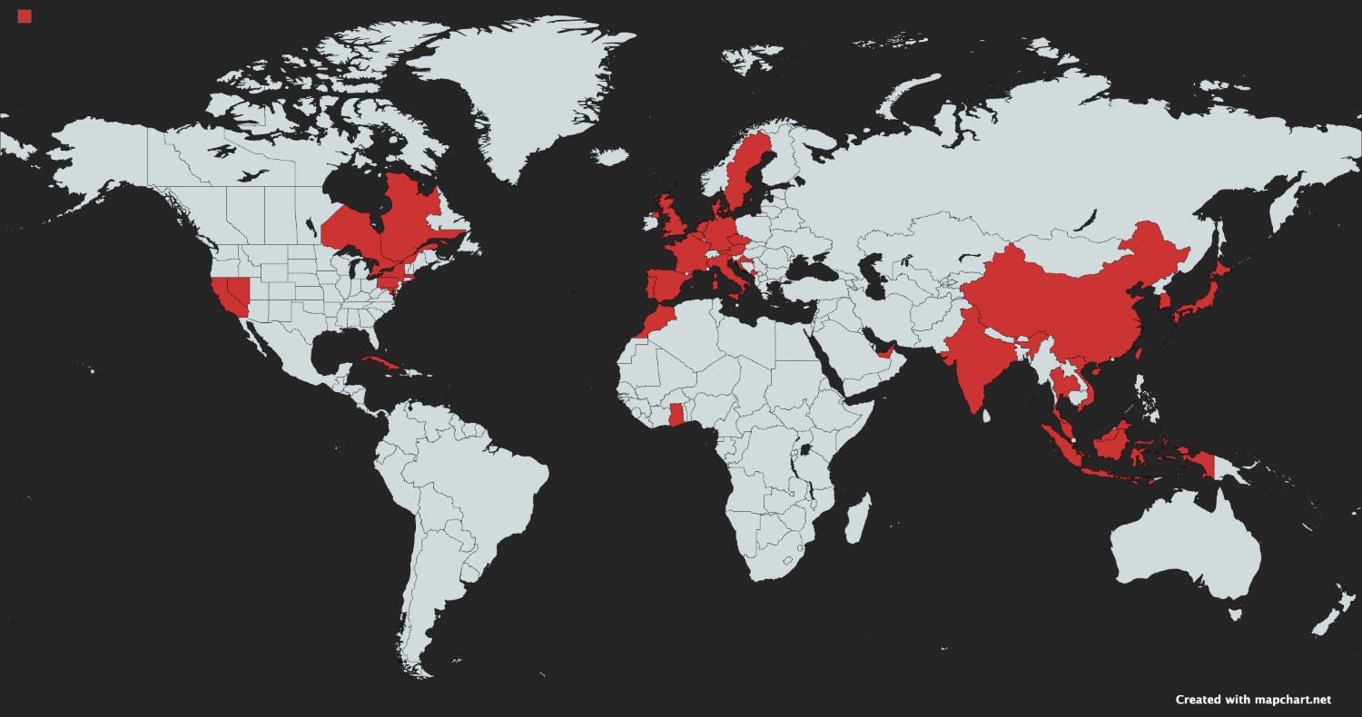 Map of travelled places around the world