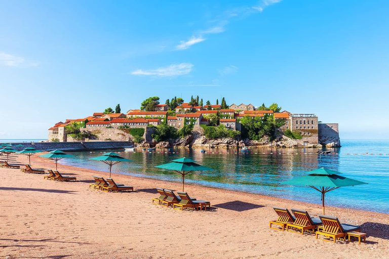 Beautiful view of the beach next to the Sveti Stefan island, Budva region, Montenegro.