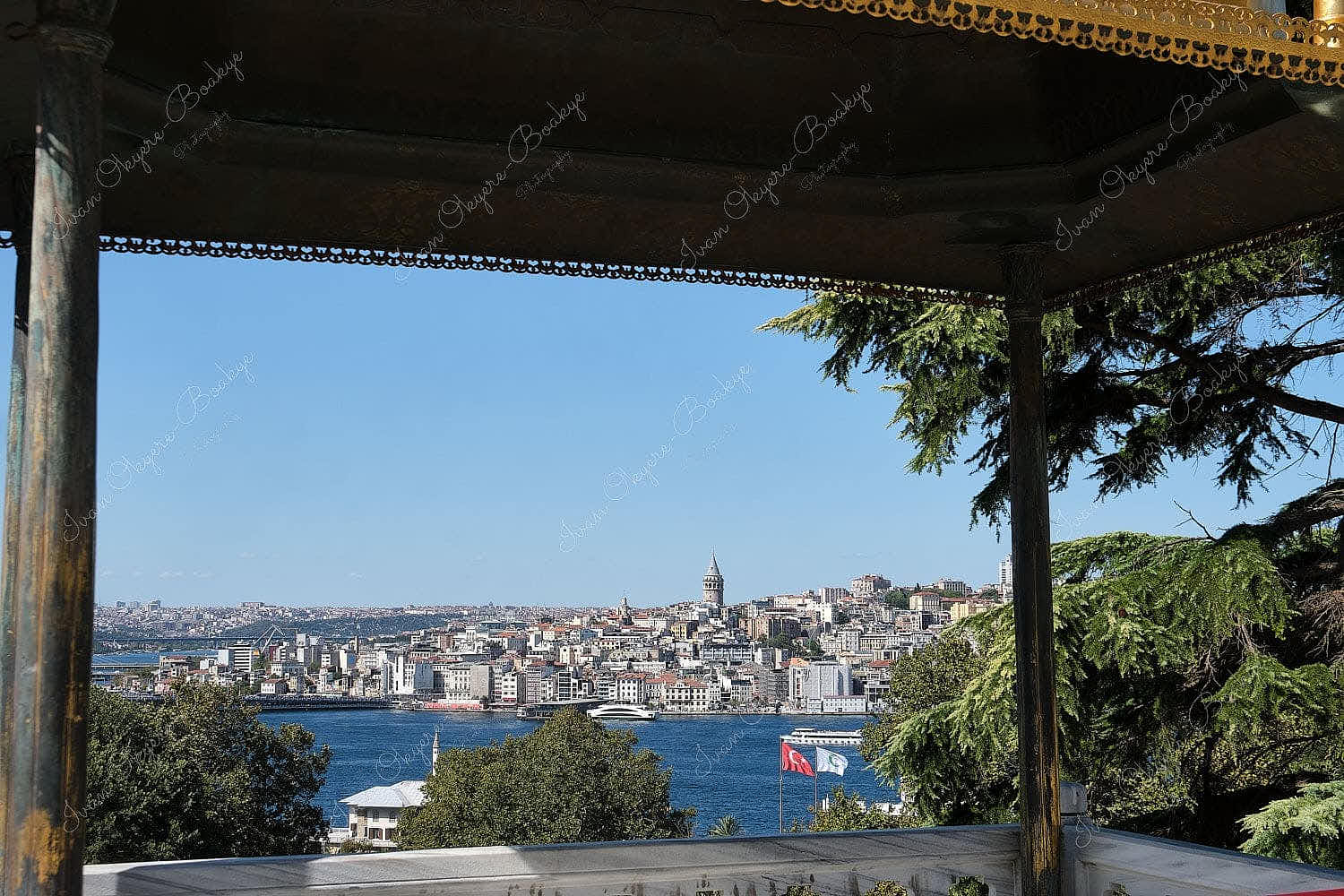 View of Galata Tower, the Bosphorus and city skyline from Topkapi Palace Museum, Istanbul, Turkey