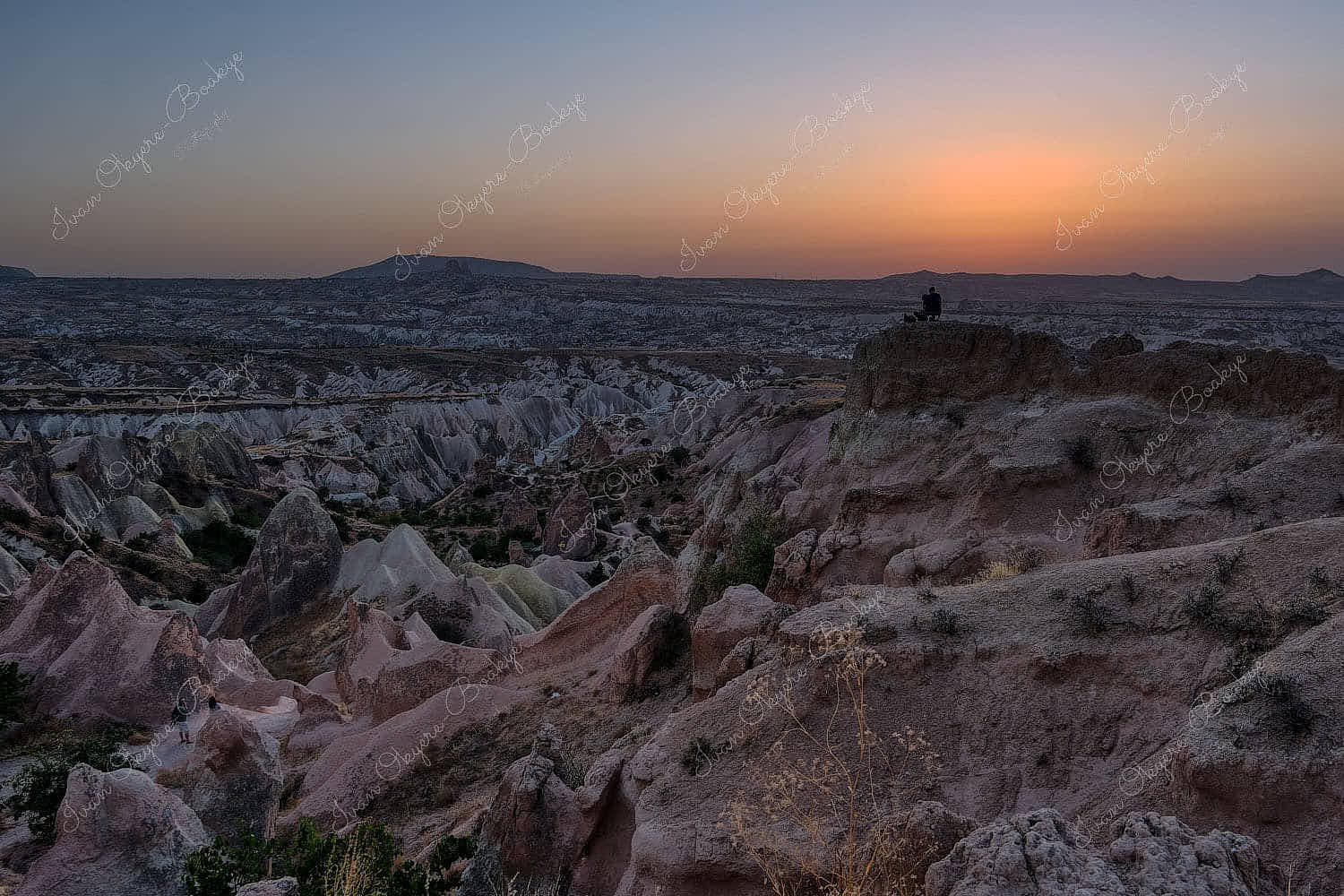 Sunset view of the Cappadocia rock formations landscape from the Red Valley Panorama Lookout, Cappadocia, Turkey