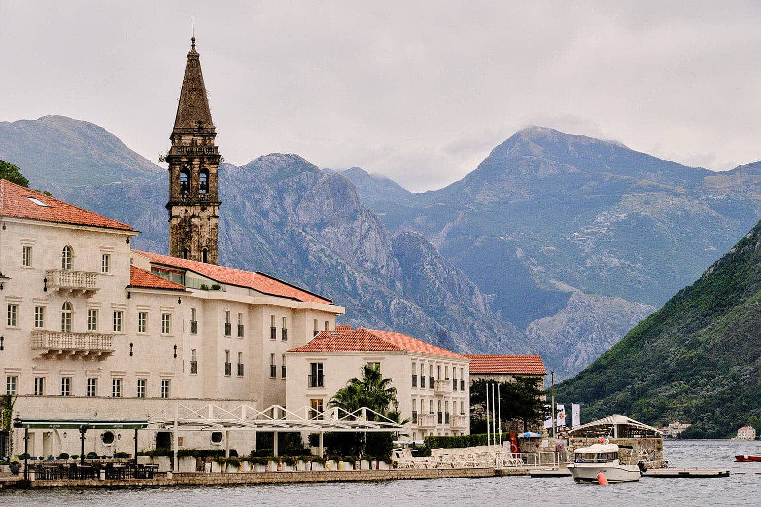 View of Church of Saint Nicholas tower and Perast mountains, Montenegro