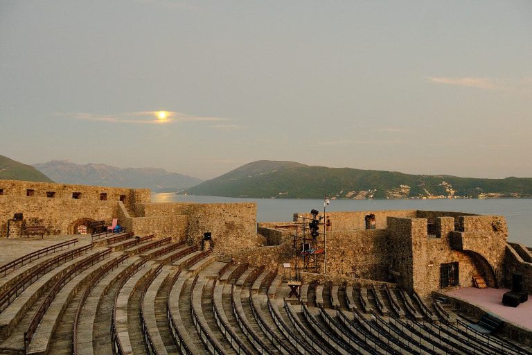 Sunset view from open-air amphitheater at Kanli Kula Fortress, Herceg Novi, Montenegro