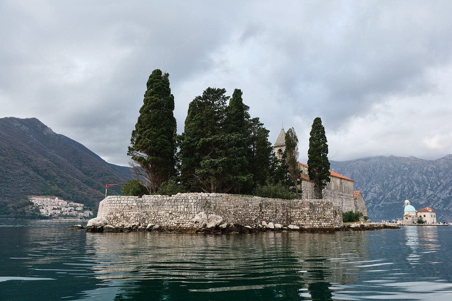 Back view of Saint George Monastery and mountains, Perast, Montenegro