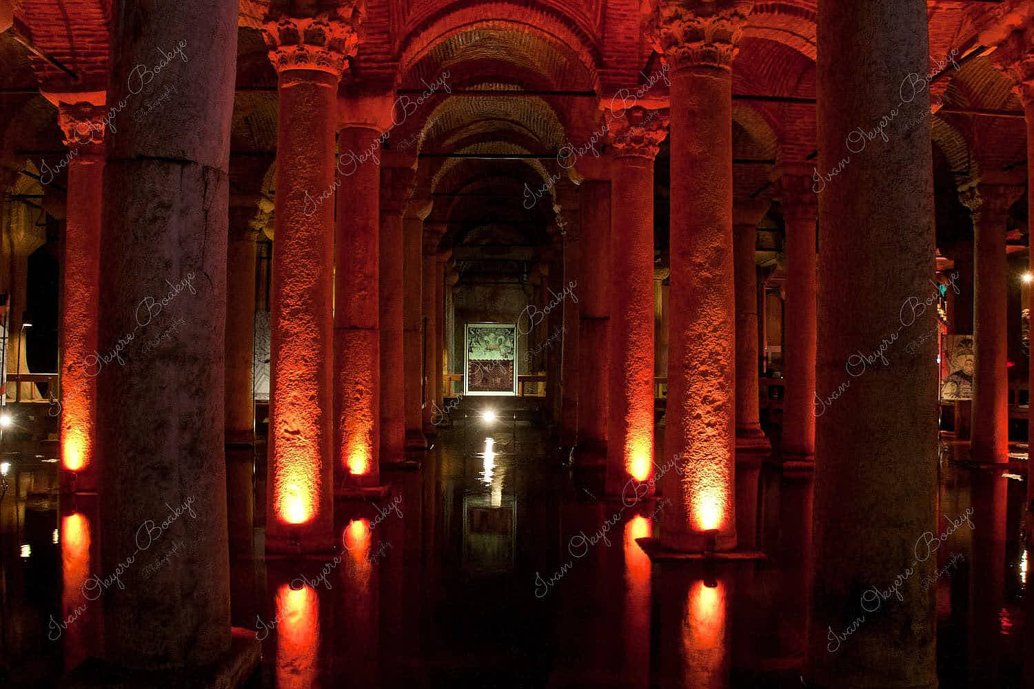 Illuminated columns in the fascinating historic underground Basilica Cistern, Istanbul, Turkey