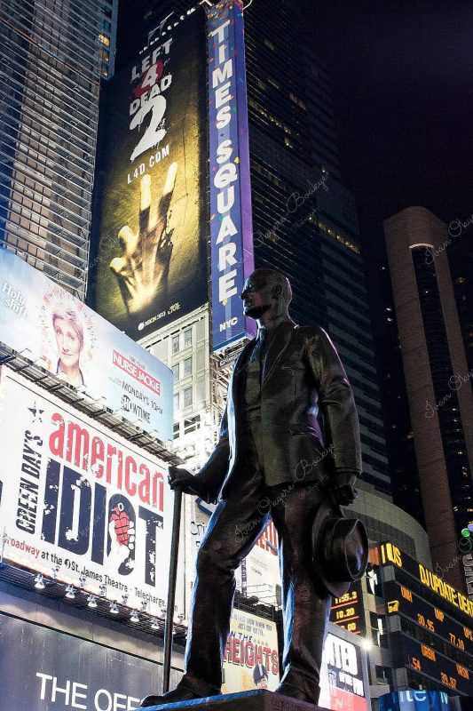George M Cohan’s Give My Regards to Broadway statue with Times Square sign in background, New York, America