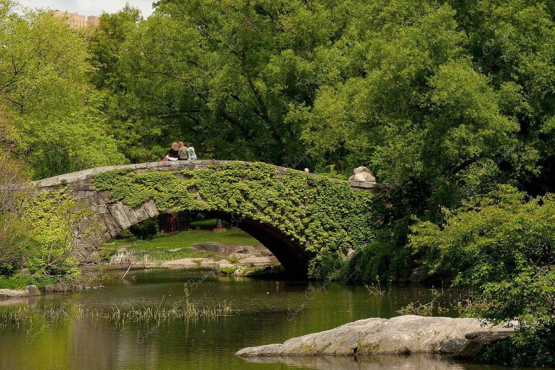 Three girlfriends sitting on a bow bridge and having their photographs taken together in Central Park, New York, America