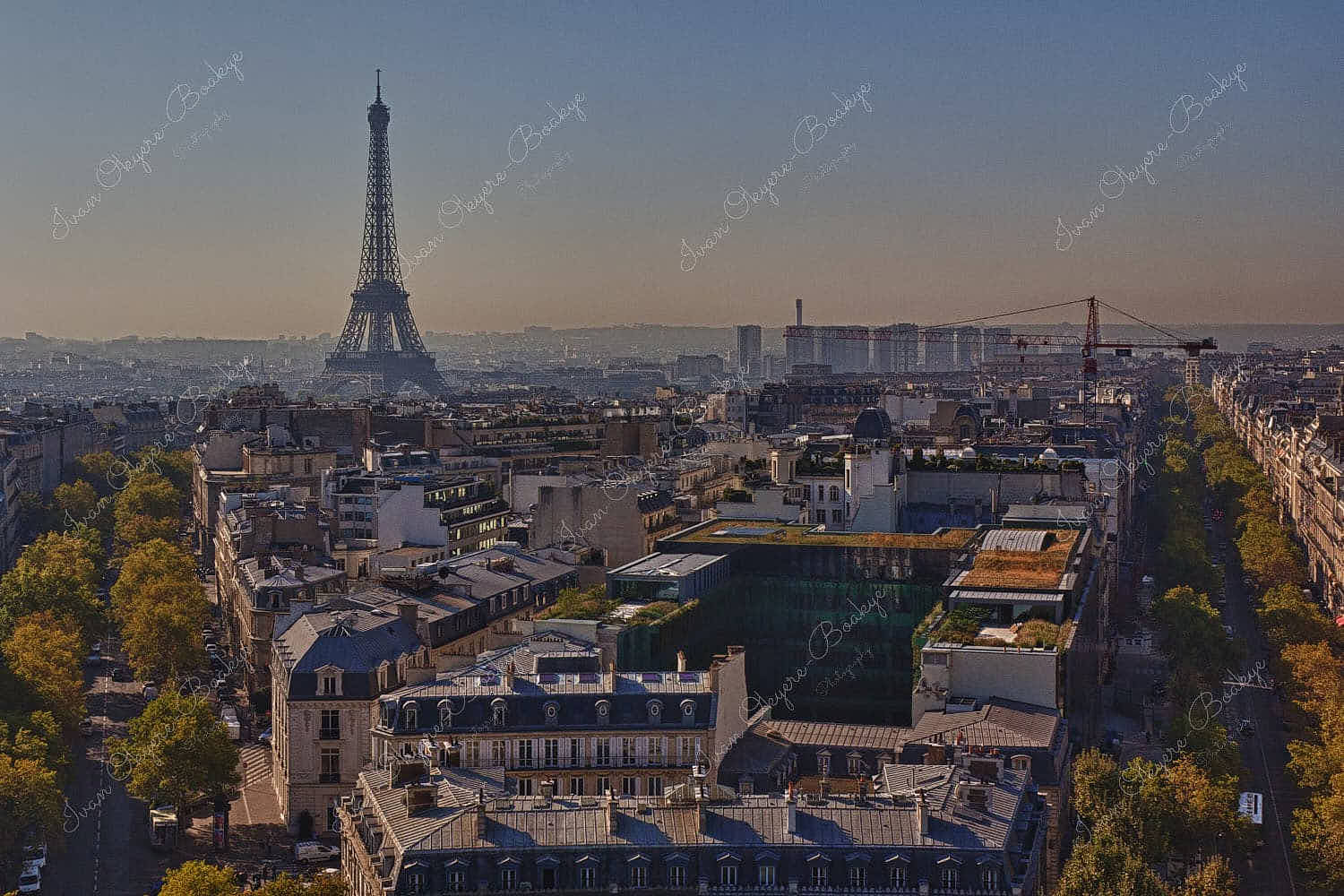 View of Eiffel Tower from the top of Arc De Triomphe, Paris, France