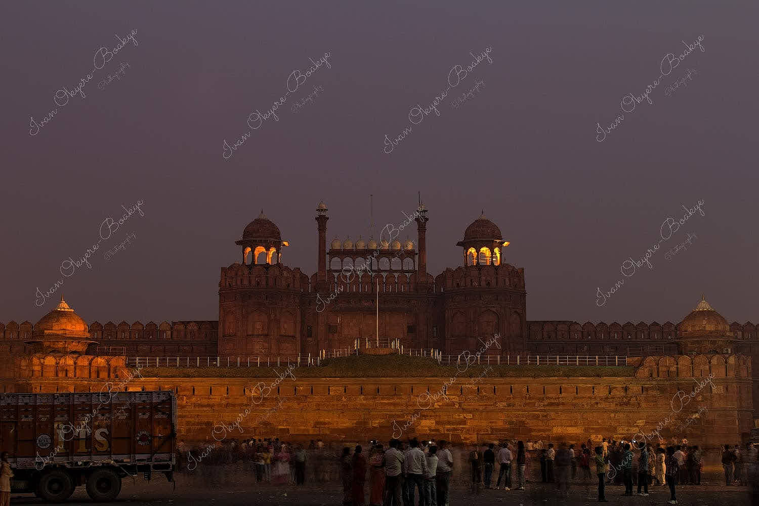 Illuminated Red Fort in the moonlight in Delhi, India