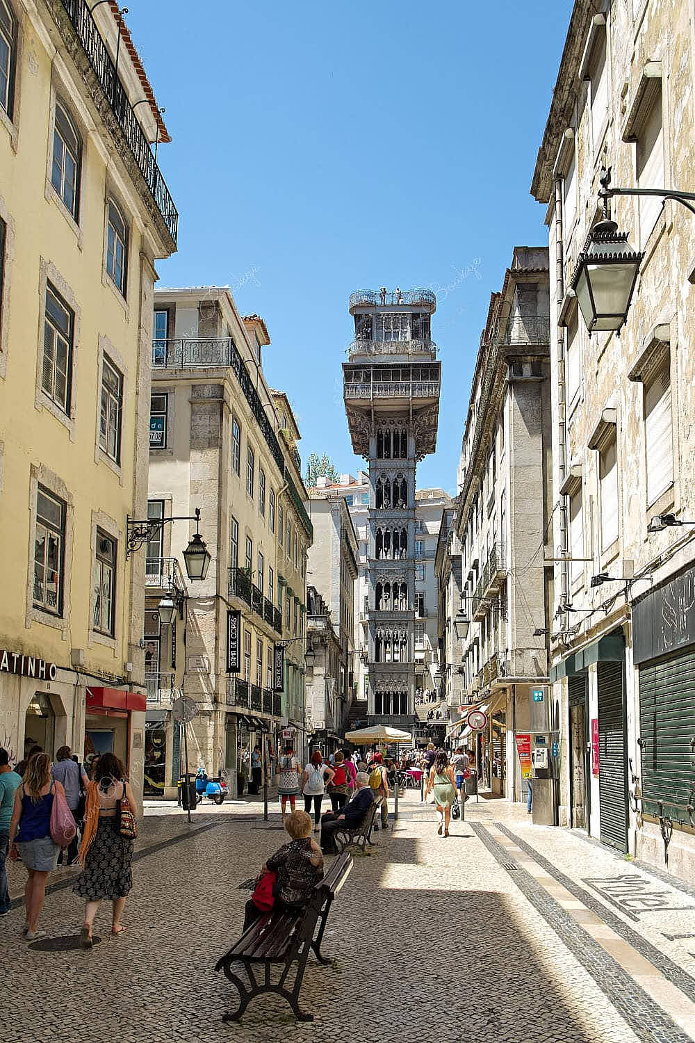 View of Elevador de Santa Justa from side street in Alfama, Lisbon, Portugal