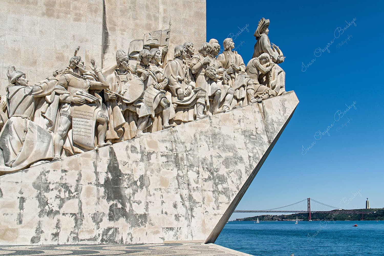 View of Cristo Rei, Padrão dos Descobrimentos, Ponte 25 de Abril and the Tagus River in Belem, Lisbon, Portugal