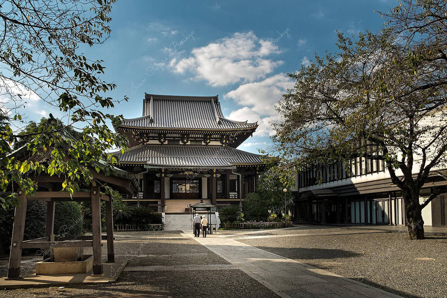 An elderly Japanese couple paying respects at a temple in Tokyo, Japan