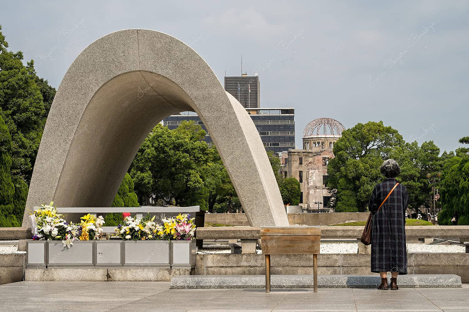 A-Bomb Dome (Hiroshima Peace Memorial), and Cenotaph for the A-Bomb Victims in Hiroshima Peace Memorial Park, Hiroshima, Japan