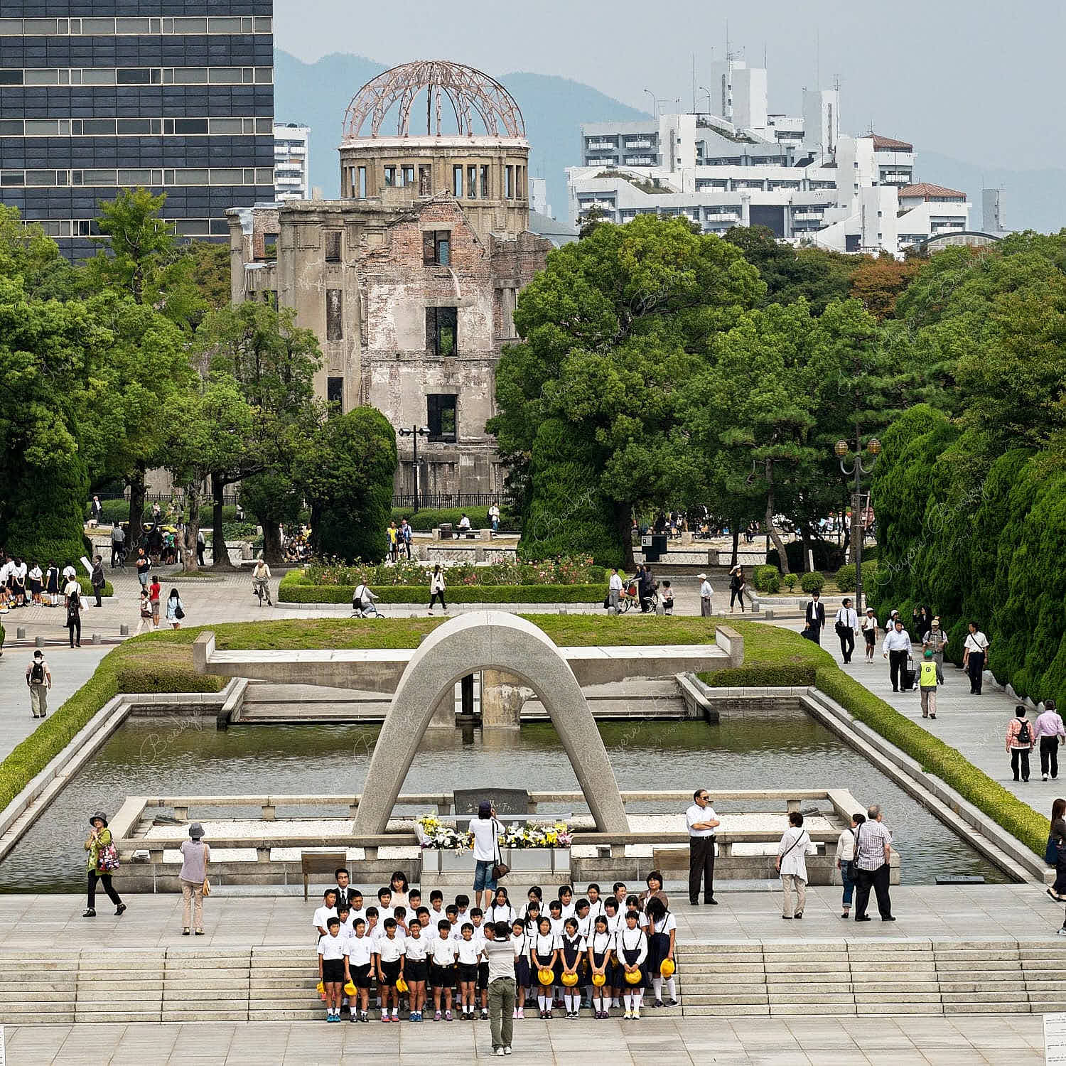 A-Bomb Dome (Hiroshima Peace Memorial), and Cenotaph for the A-Bomb Victims in Hiroshima Peace Memorial Park, Hiroshima, Japan