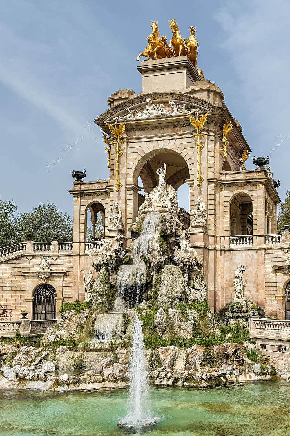 Font de la Cascada with Quadriga de l’Aurora at the top in Parc de la Ciutadella, Barcelona, Spain