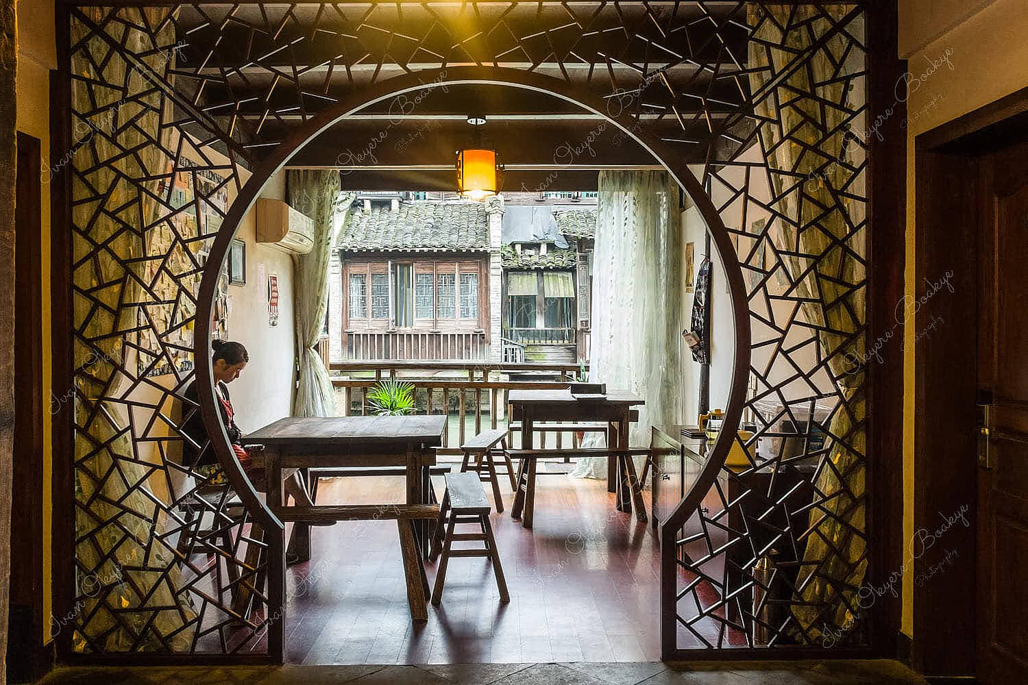 Entrance to restaurant sitting area at West Scenic Area water town, Wuzhen, Xizha, China