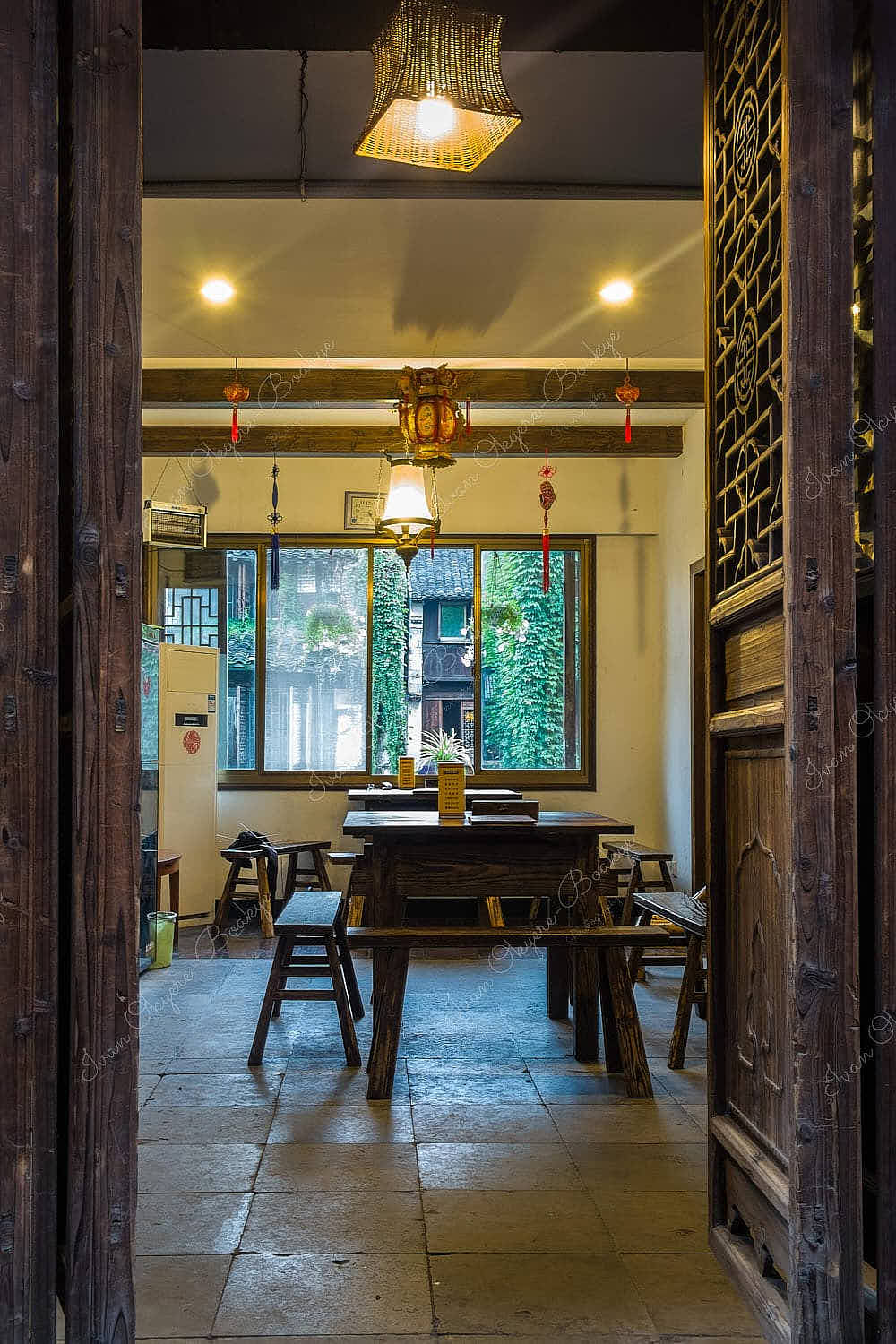 Restaurant with hanging Chinese Lanterns in West Scenic Area water town, Wuzhen, Xizha, China
