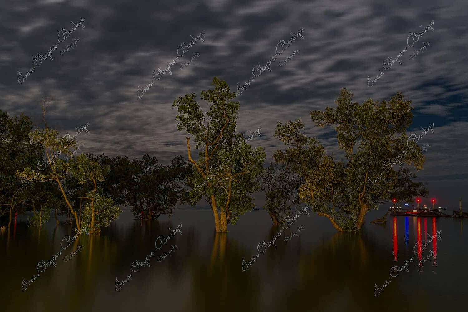 The dramatic high tide mangroves landscape of Hat Rai Leh East beach at night with fishing boats in the background, Railey Bay, Thailand