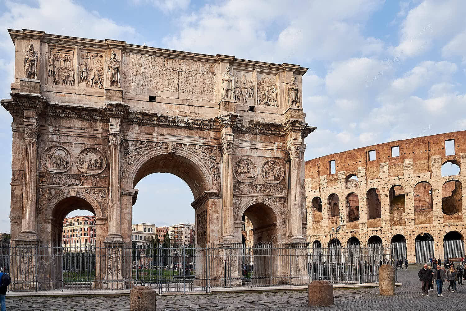 The Arch of Constantine and The Colosseum in Rome, Italy