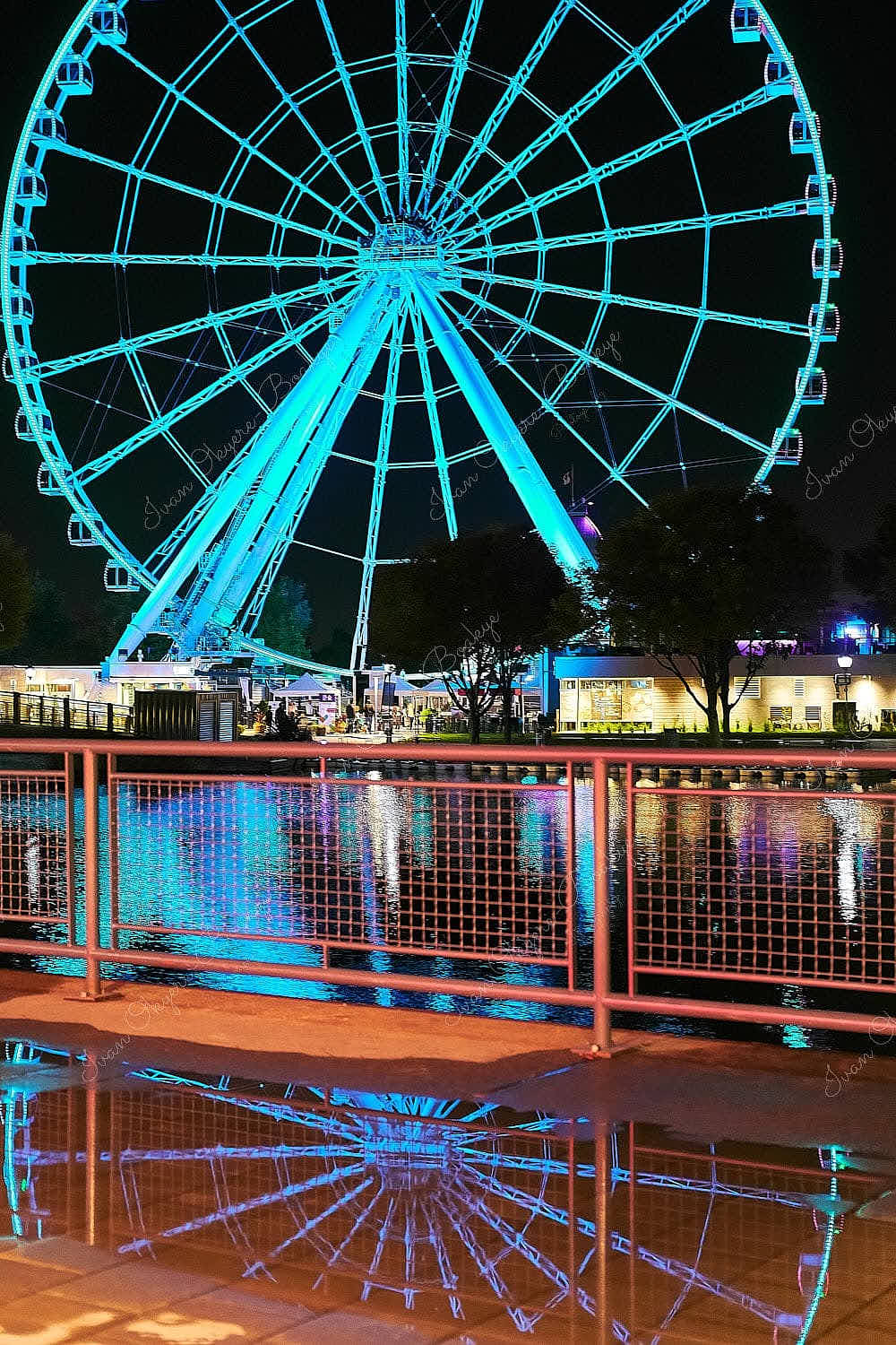 Night view of the La Grande Roue de Montreal at the Old Port in Montreal, Quebec, Canada