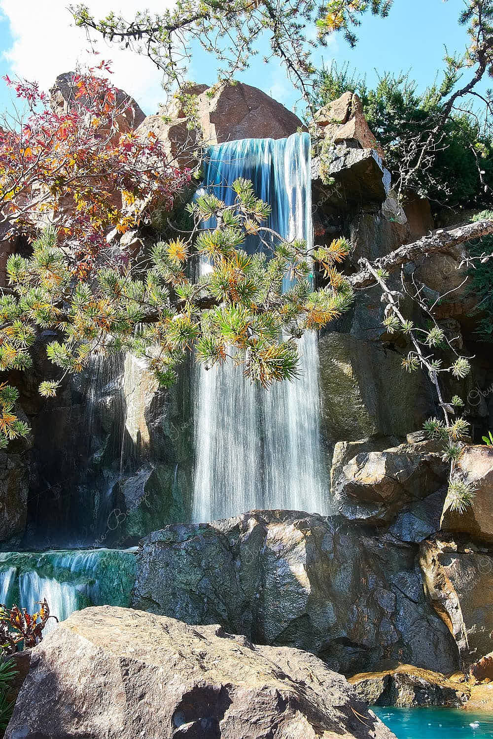 Gorgeous mini waterfall in the Chinese Gardens in Montreal Botanical Garden, Montreal, Canada