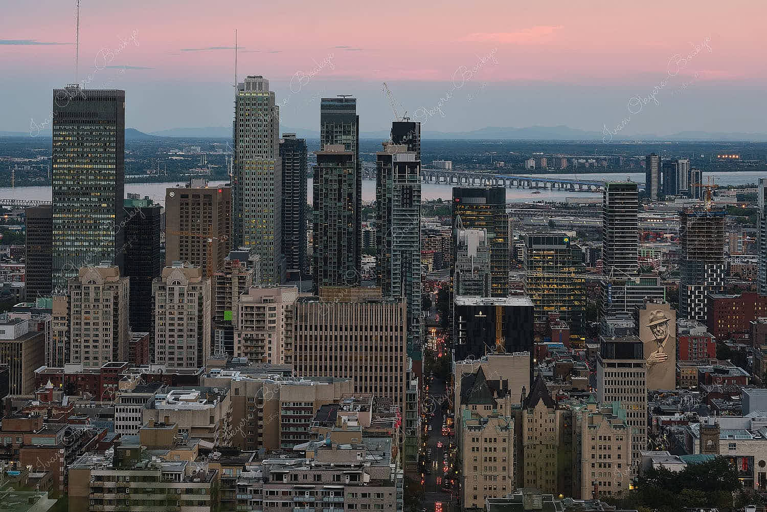 View of the Montreal downtown cityscape from Belvedere Kondiaronk at sunset, Montreal, Canada