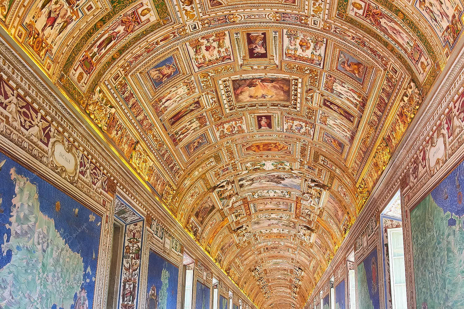 The amazingly beautiful and extensive Gallery of the Maps hallway ceiling in Vatican City, Italy
