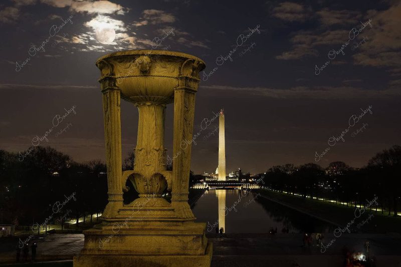 Night view of Washington Monument and Capitol building reflections in the Lincoln Memorial Reflecting Pool from Lincoln Memorial, Washington, USA